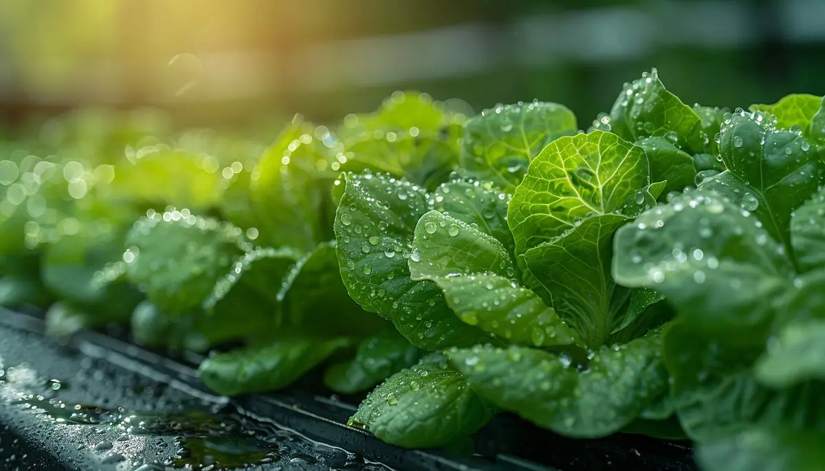 Closeup of lettuce leaves with morning dew, under a shaded trellis.