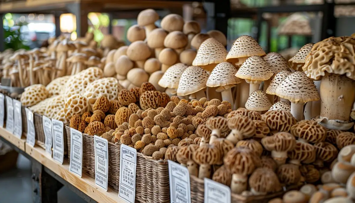Display of various morel mushroom growing kits with price tags for comparison.