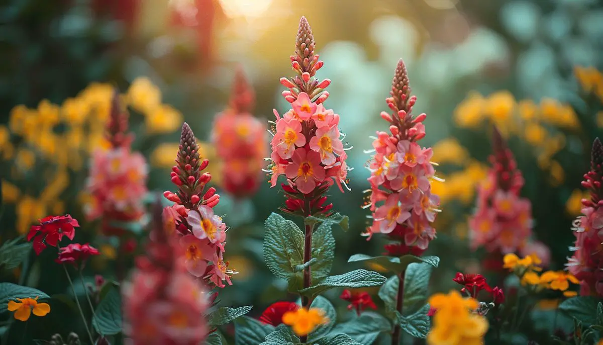 Diverse plant species alongside vibrant red flowers in a garden.