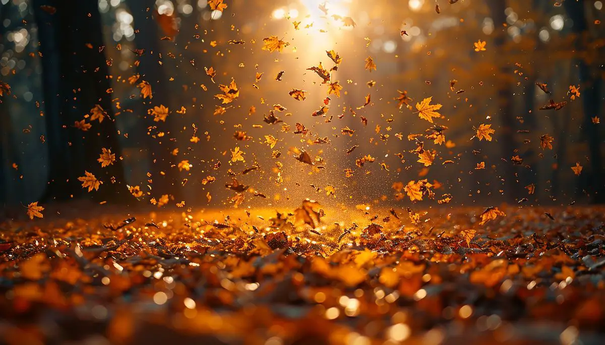 Golden leaves gently falling in an autumn forest.