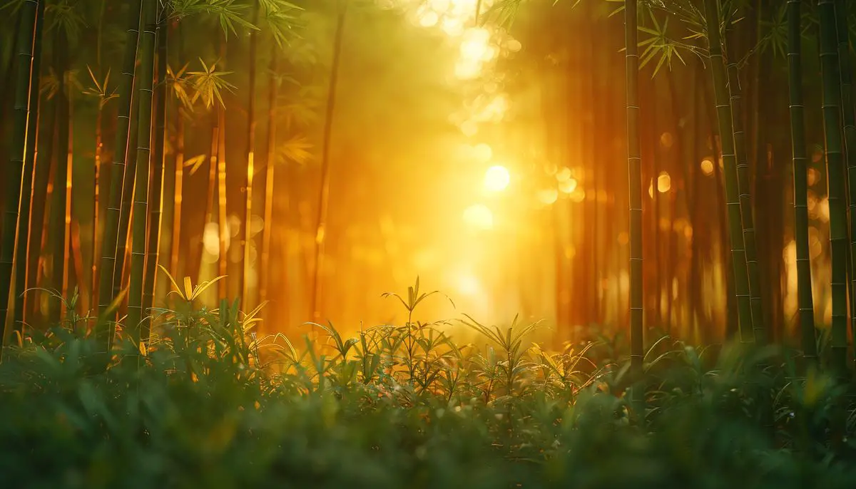 Vibrant bamboo grove with tall, green stalks swaying in the wind.