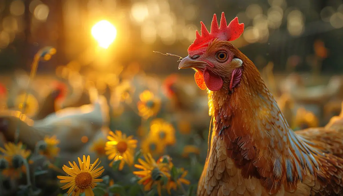 Chickens pecking at morning feed, sunlight filtering through the coop.