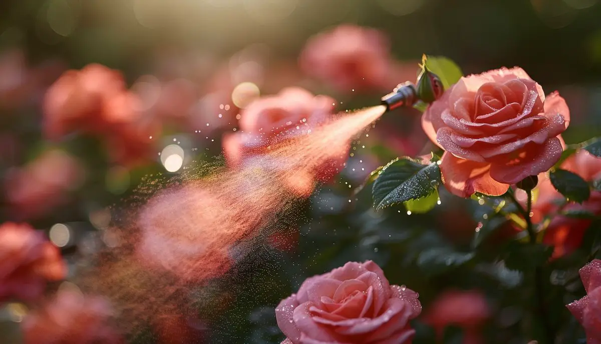 Spraying the solution on a rose bush evenly.