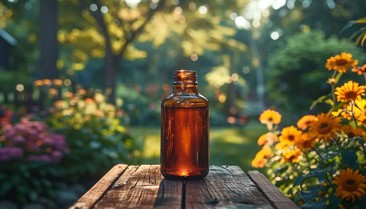 Organic, unsulfured molasses bottle near garden tools.