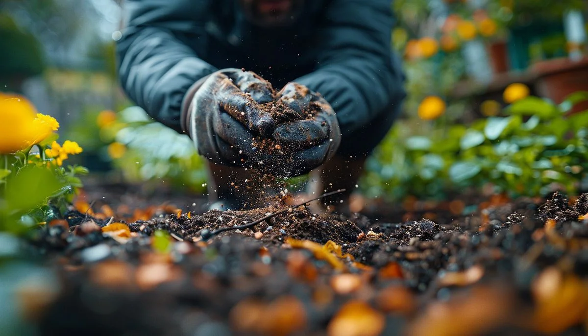 Spreading the mixture evenly on soil in a garden.