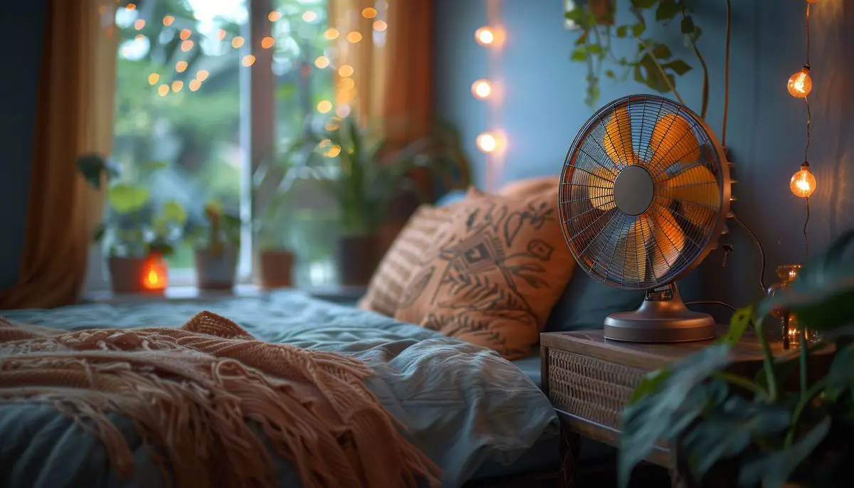 Warm bedroom with an oscillating fan on a nightstand.