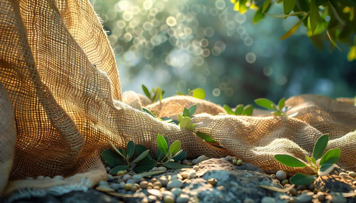 Detailed shot of different types of olive nets laying on the ground.