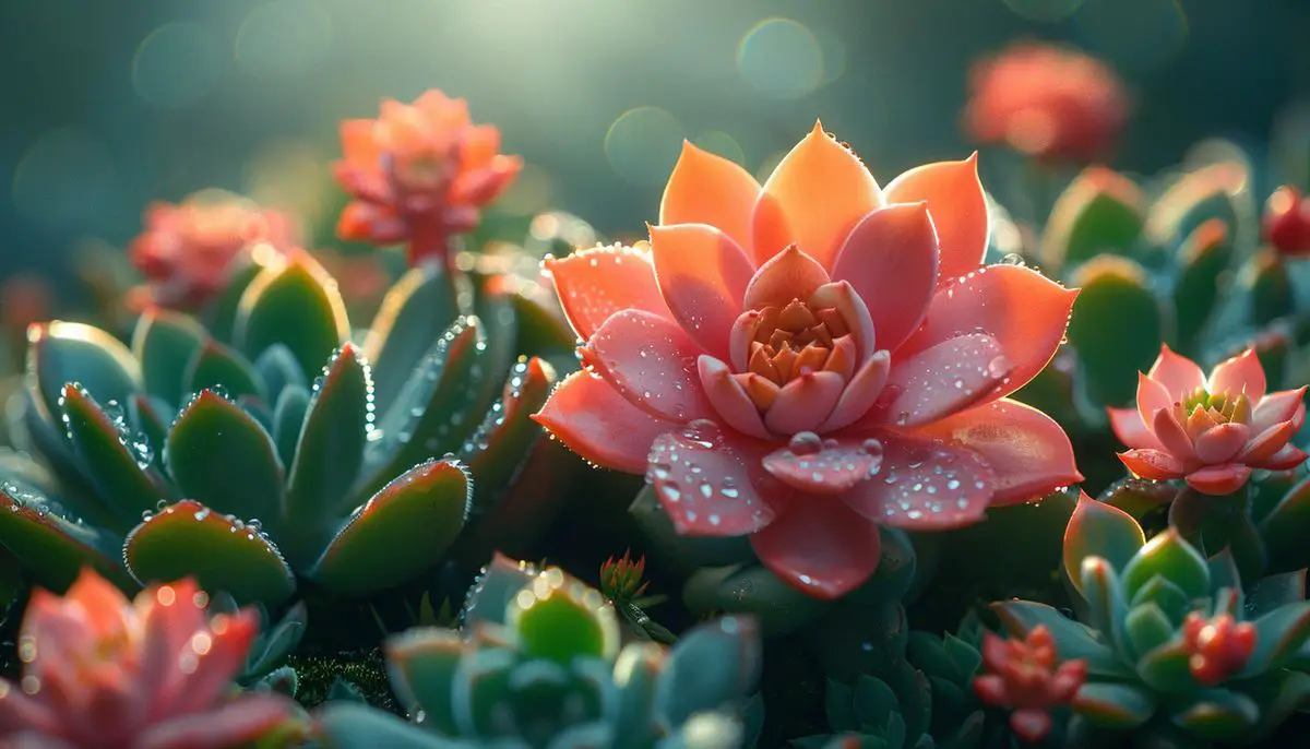 Pinkflowered succulent enhancing a garden space with other plants.