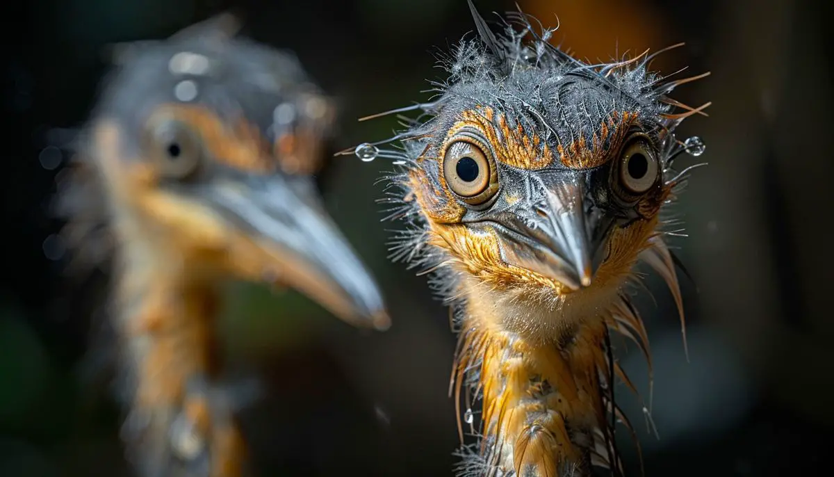Closeup on bird with missing feathers, looking distressed.