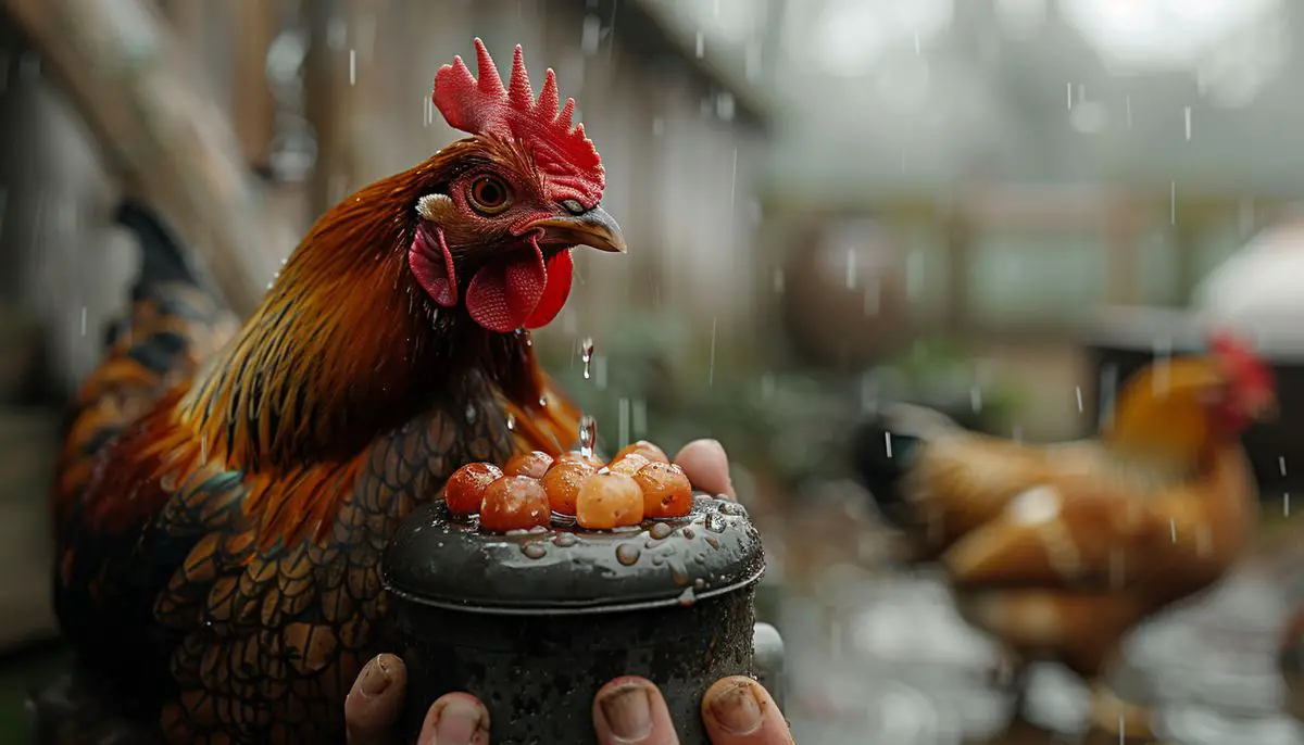 Closeup of hands securing an automatic water feeder for chickens.