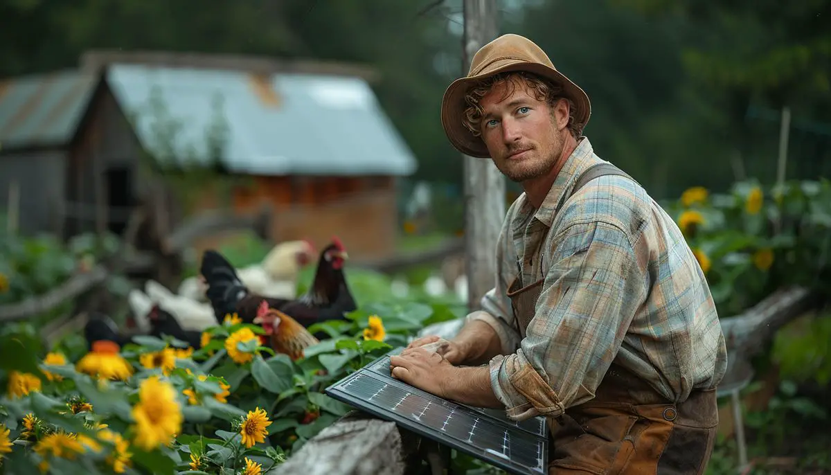 Worker securing the solar panel to the chicken coop roof.