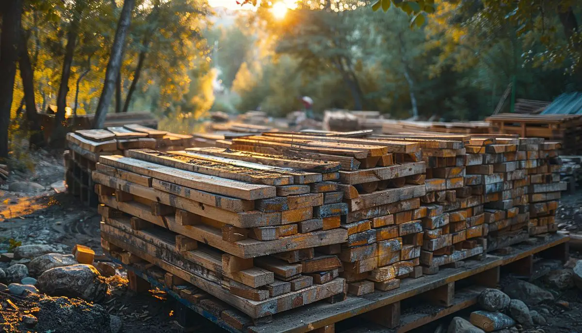Wooden frame of firewood shelter being assembled, pieces laid out carefully.