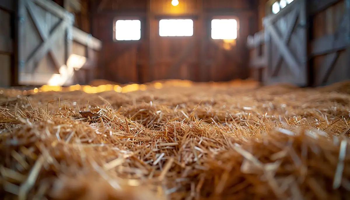 Clean, fresh straw bedding covering the coop floor.