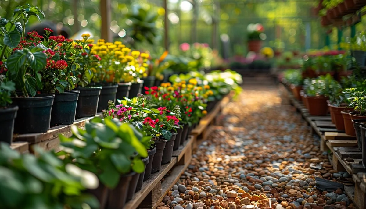 Rows of potted plants labeled with growth timelines.