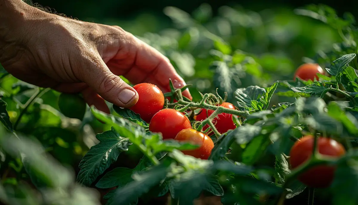 Thumb and index finger carefully pruning a tomato plant.