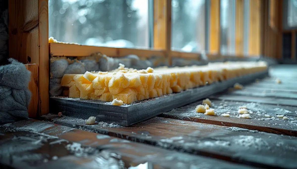 Installing rock wool panels between wall studs for enhanced insulation.