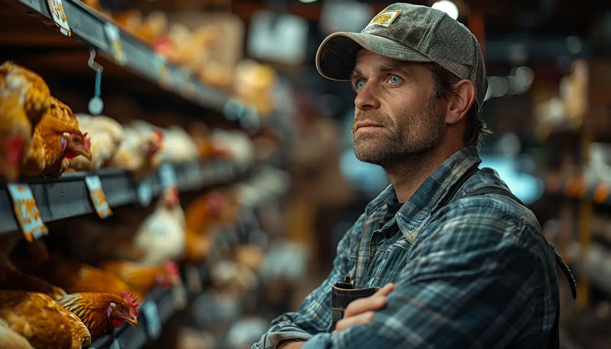 Closeup of a knowledgeable store employee explaining different automatic chicken waterers to a customer.