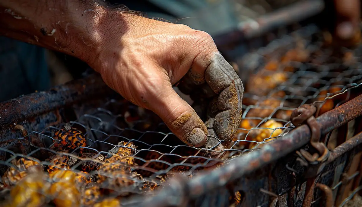 Hands repairing damaged section of chicken wire fence.
