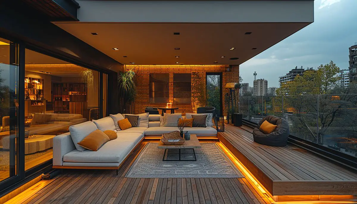 Cozy terrace with integrated heating system and soft lighting.