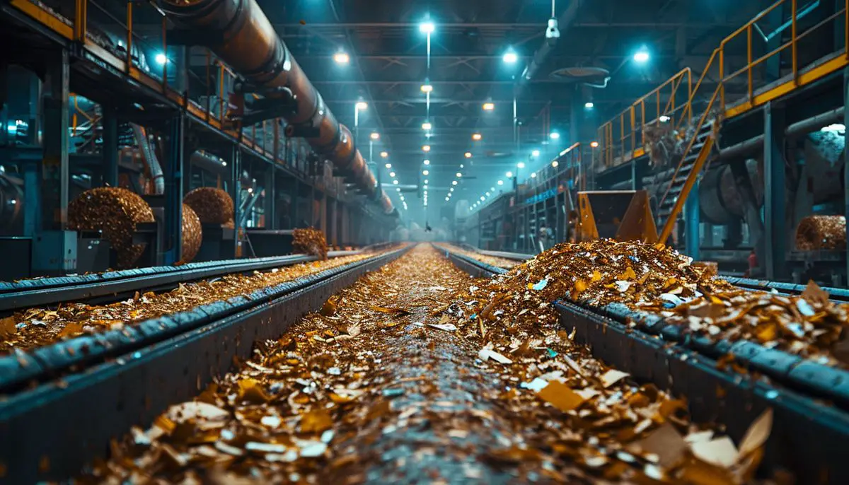 Cardboard being shredded and transformed into mulch at a recycling facility.