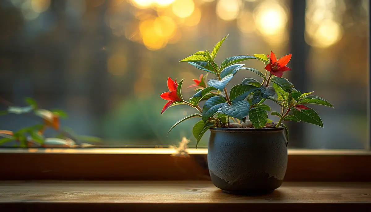 Bright red lipstick plant on a windowsill, vibrant green leaves contrasting with deep red blooms.