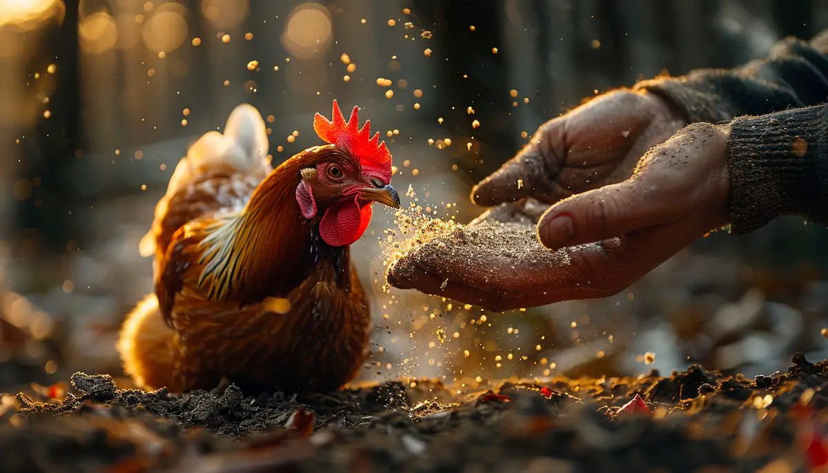 Hands gently sprinkling diatomaceous earth around a chicken coop.