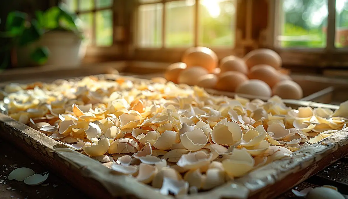 Top view of eggshells drying in the sun on a tray.