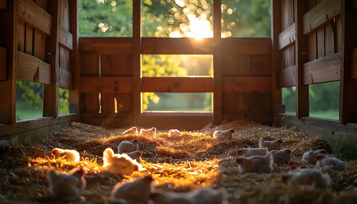 Clean chicken coop with fresh bedding and open doors.