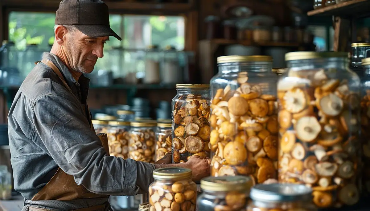 A person labeling and sealing jars of porcini mushrooms for longterm storage.