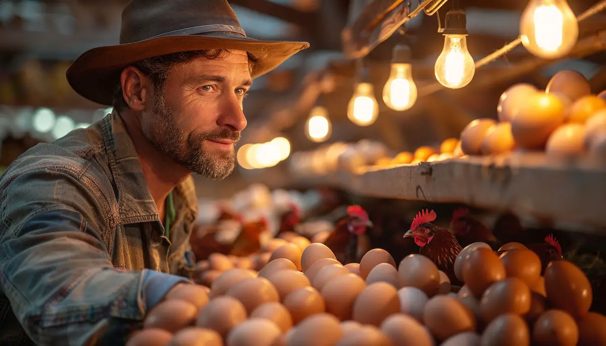 Farmer adjusting light settings for optimal egg production.