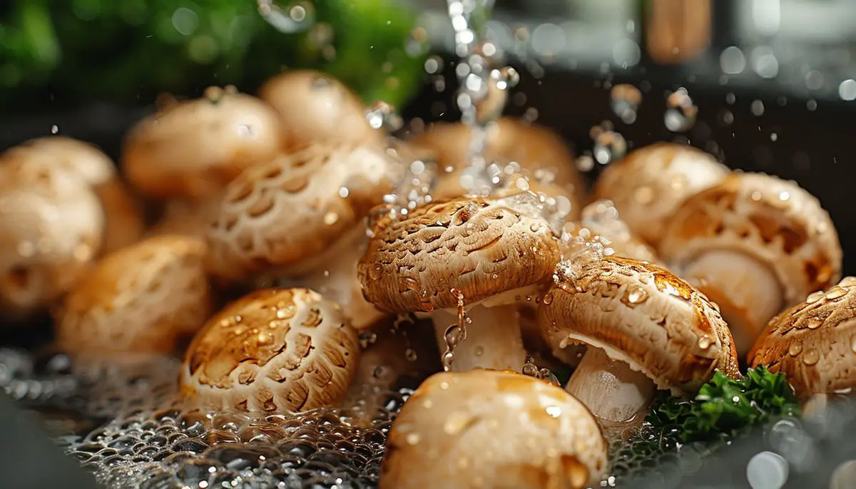 Quick rinse of mushrooms under running water in a kitchen sink.