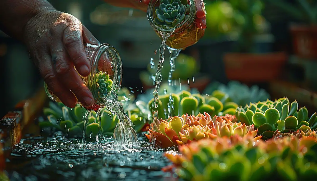 Pouring fresh rainwater into a jar containing succulent cuttings.